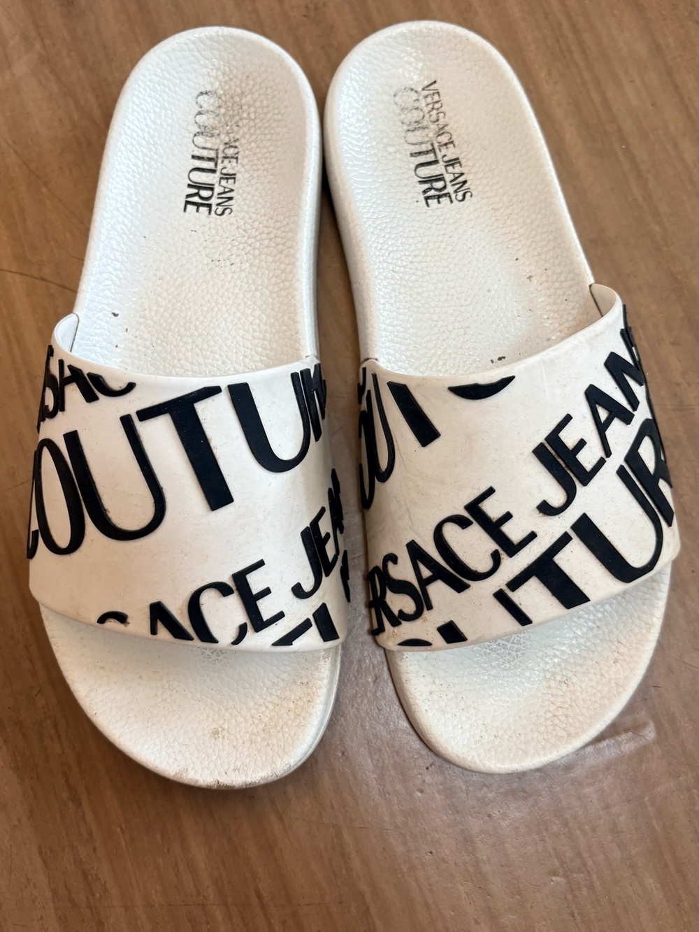 Versace Jeans Couture White and Black Logo Slide Sandals